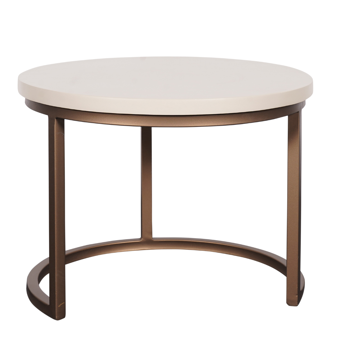 Enkele ronde salontafel met zandkleurig blad en U-vormig donkerbruin onderstel