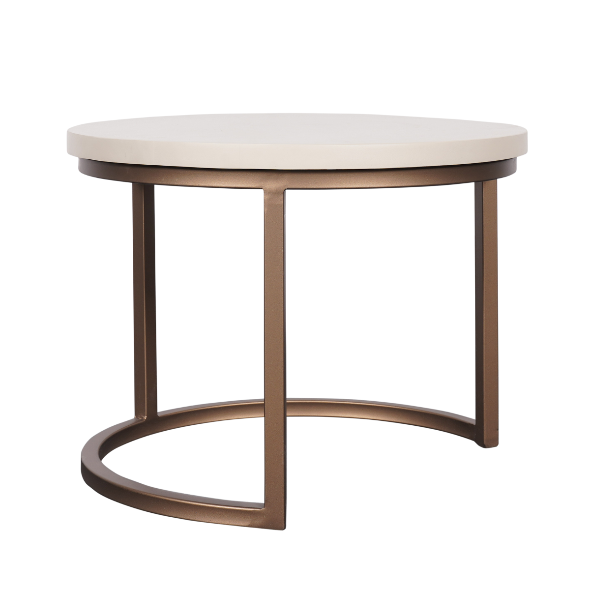 Ronde salontafel met zandkleurig blad en donkerbruine framebasis met gebogen beugels