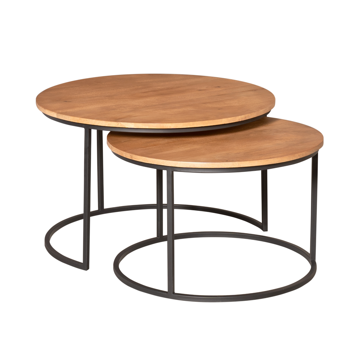 Set van 2 ronde salontafels met naturel hout en zwart metalen ovaal onderstel