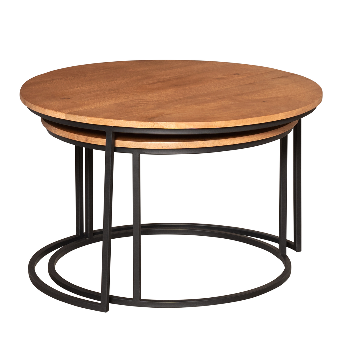 Ronde salontafelset met naturel houten blad, tweede blad eronder en zwart metalen frame