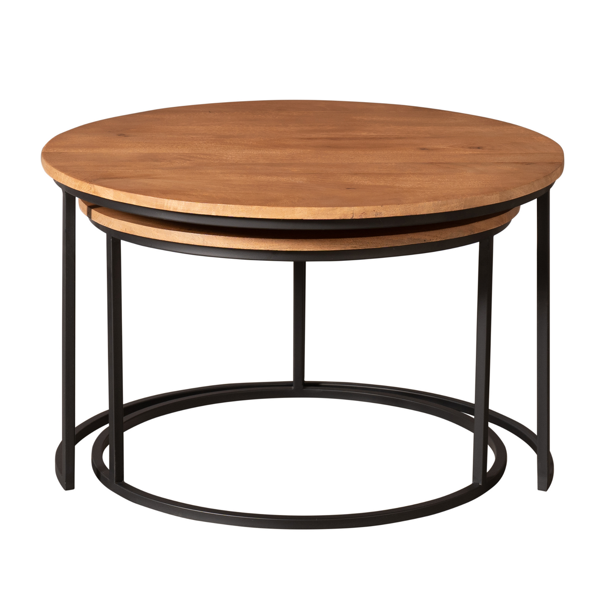 Ronde salontafelset van 2 met naturel houten blad, zwarte poten en open metalen frame