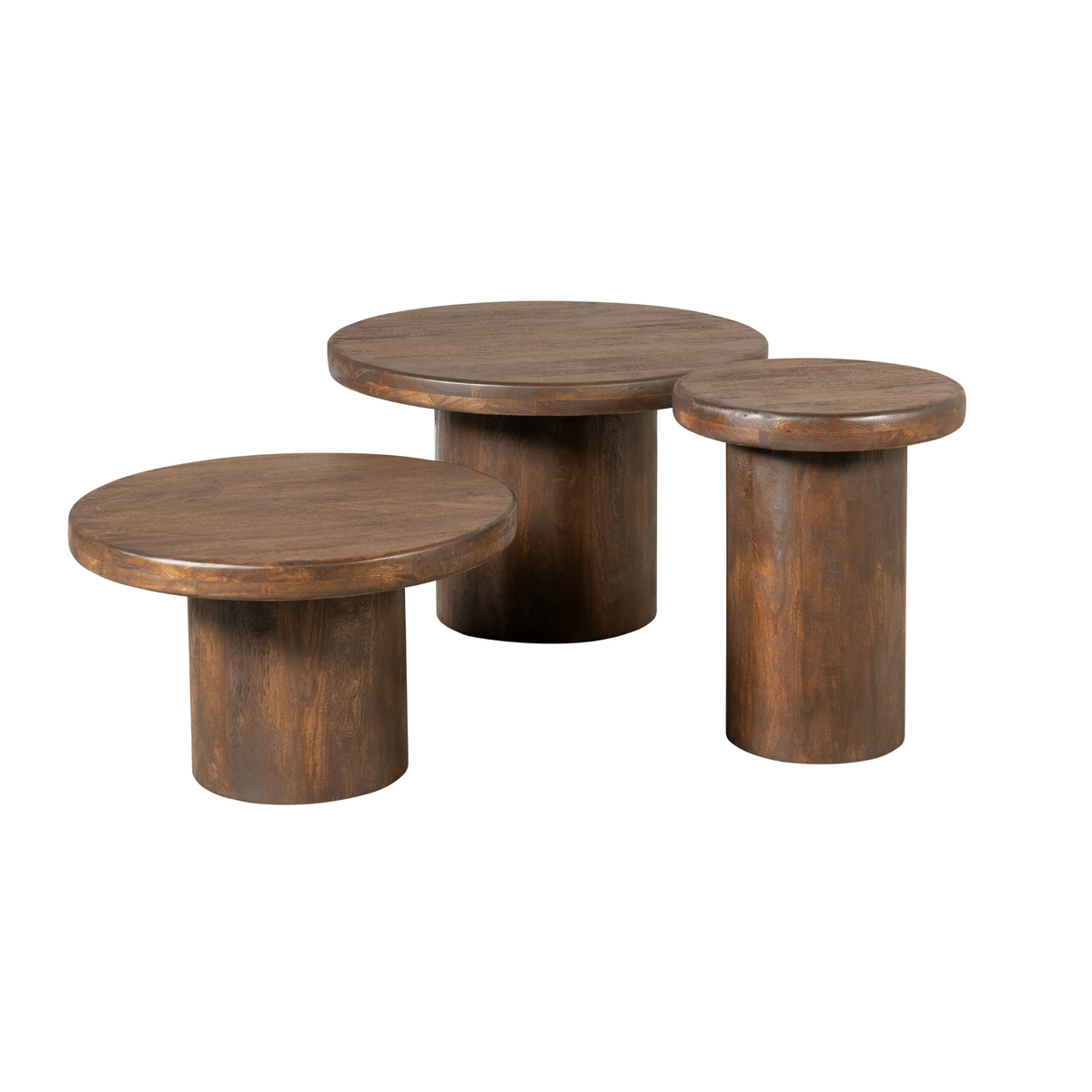 Ronde salontafelset van bruin hout met drie onderstellen en bladen op verschillende hoogtes.