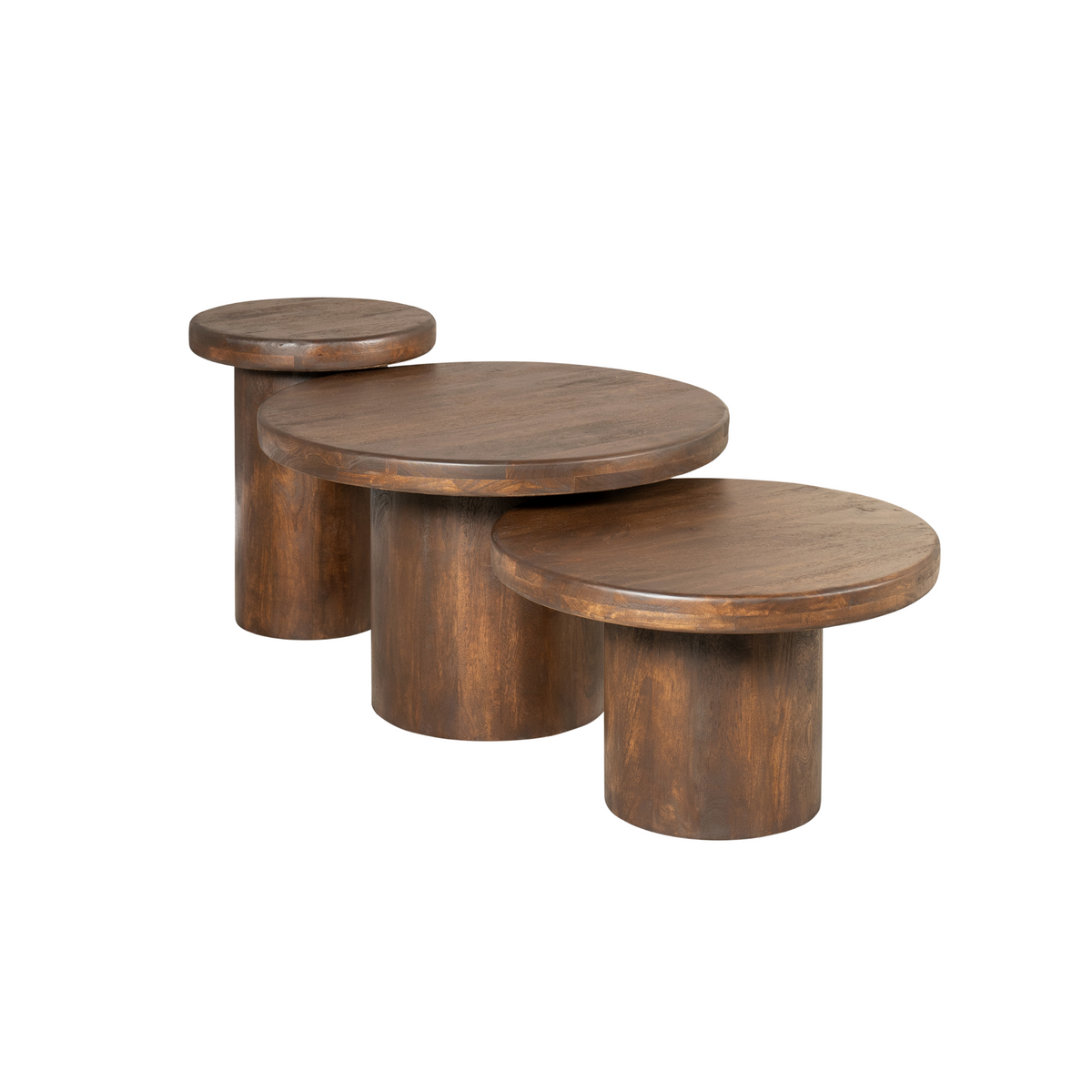 Ronde salontafelset met drie bladen van bruin hout en cilindrische poten.