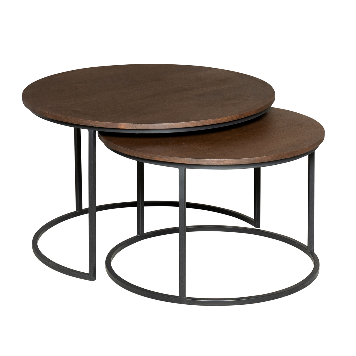 Set van 2 ronde salontafels met donkerbruine bladen en zwart metalen ringonderstel