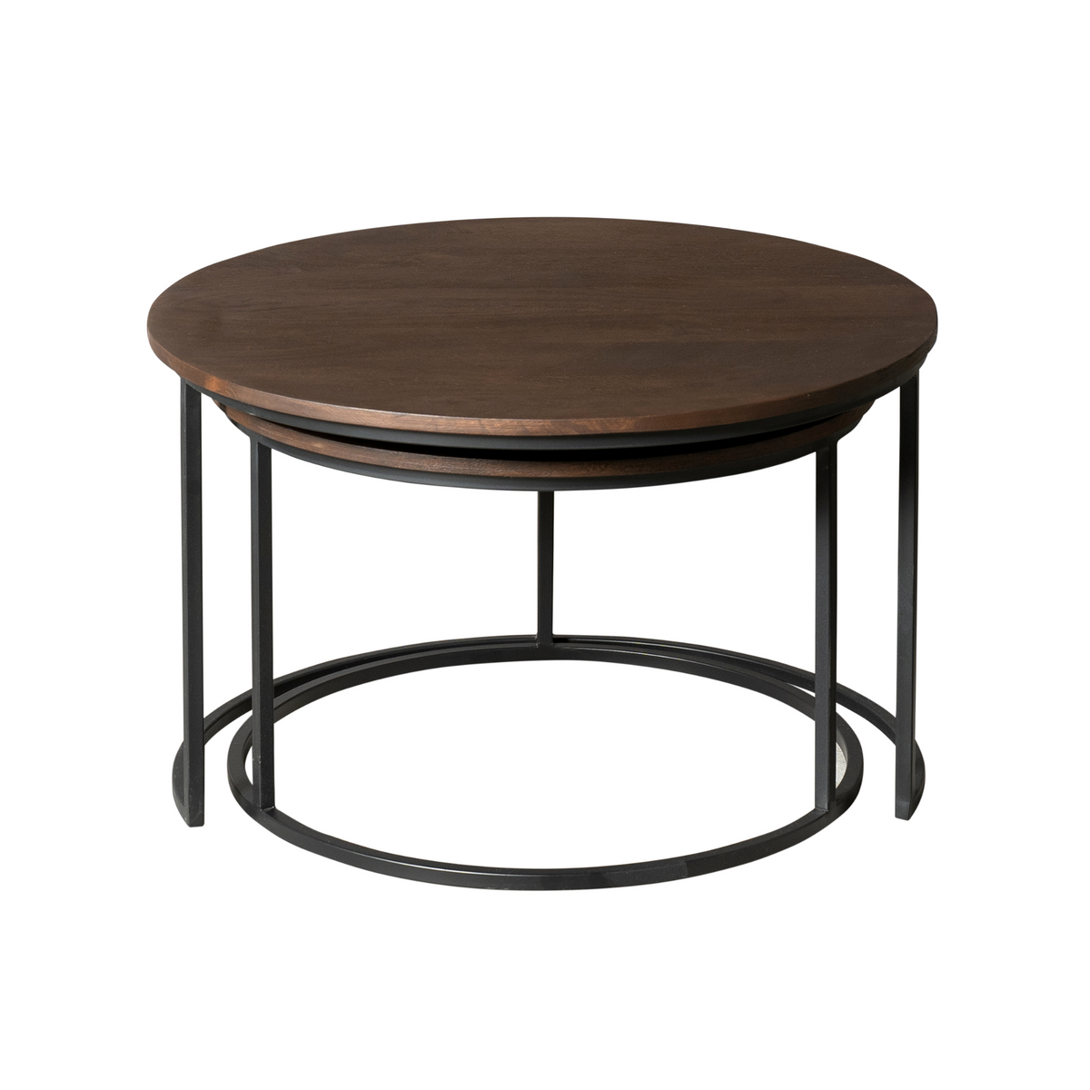 Ronde salontafel met donkerbruin blad en zwart metalen onderstel met ronde ring