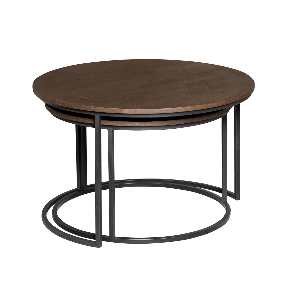 Ronde salontafel met donkerbruin blad en zwart metalen onderstel met ringvorm