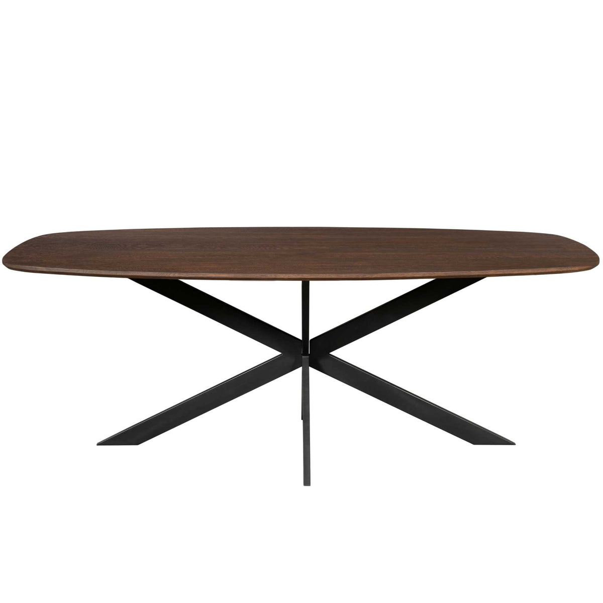 Ovale eettafel met bruin blad en zwarte X-vormige poot