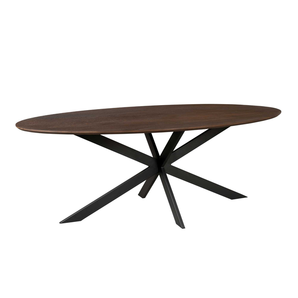 Ovale eettafel met bruine houten blad en zwarte kruispoot onderstel