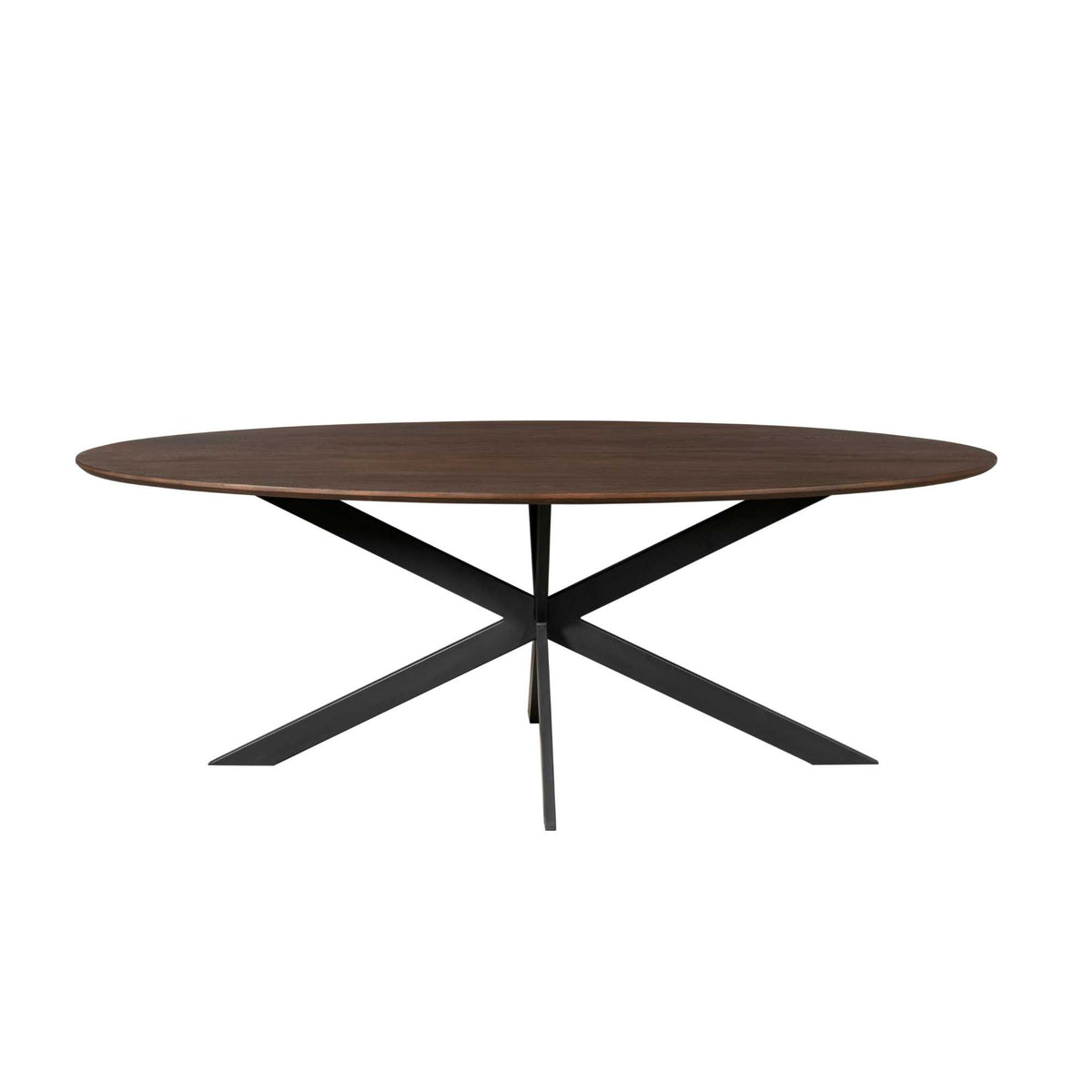 Ovale eettafel met bruin houten blad en zwart kruisend onderstel met middenpoot