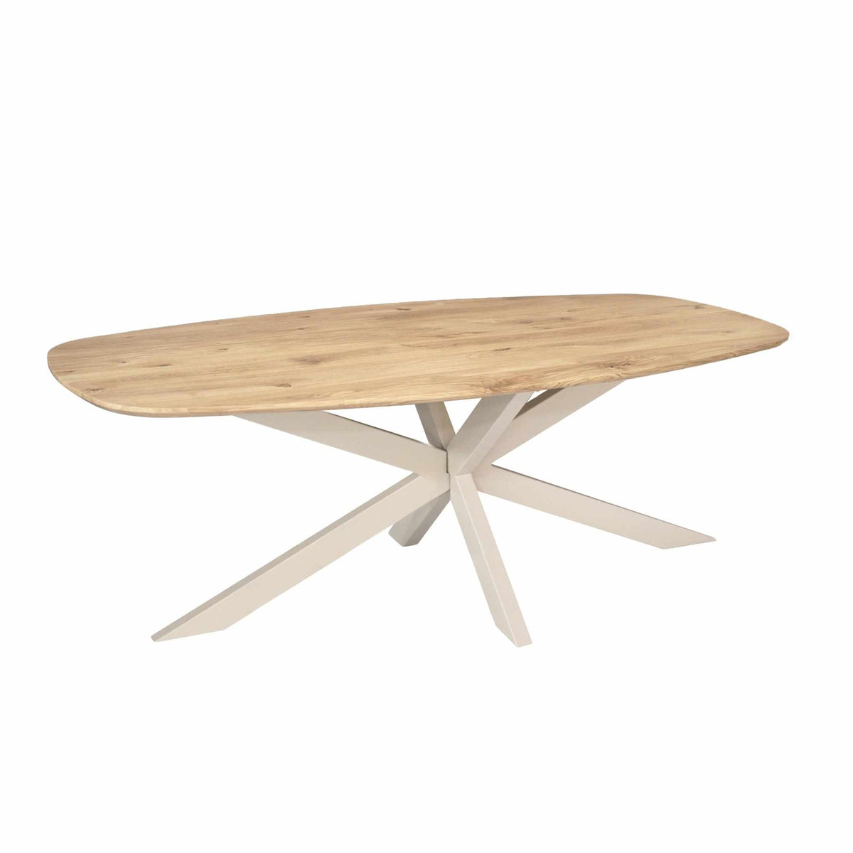 Ovale eiken eettafel met naturel houten blad en schuine kruispoten