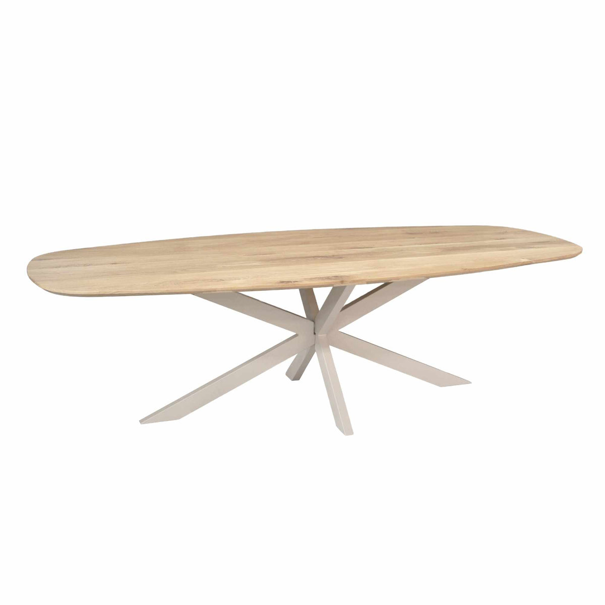Eiken ovale eettafel met schuin onderstel en licht houten blad