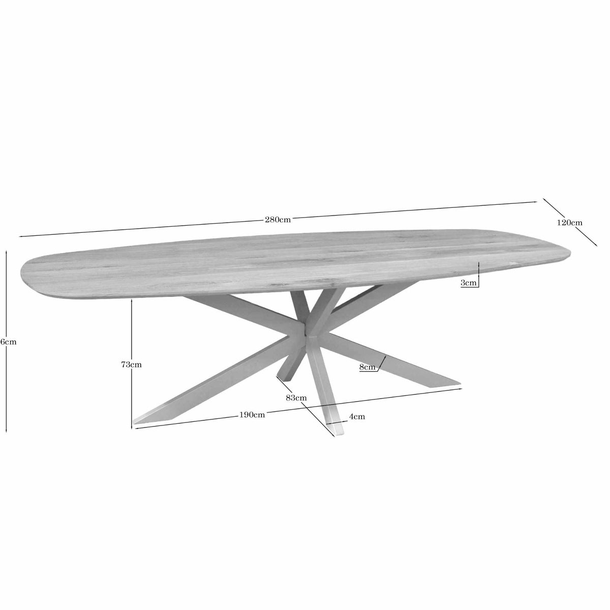 Eiken ovale eettafel met afmetingen 280x120 cm en zandkleurige poten