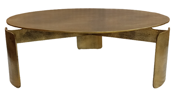 Ronde salontafel met rond metalen blad en drie goudkleurige poten