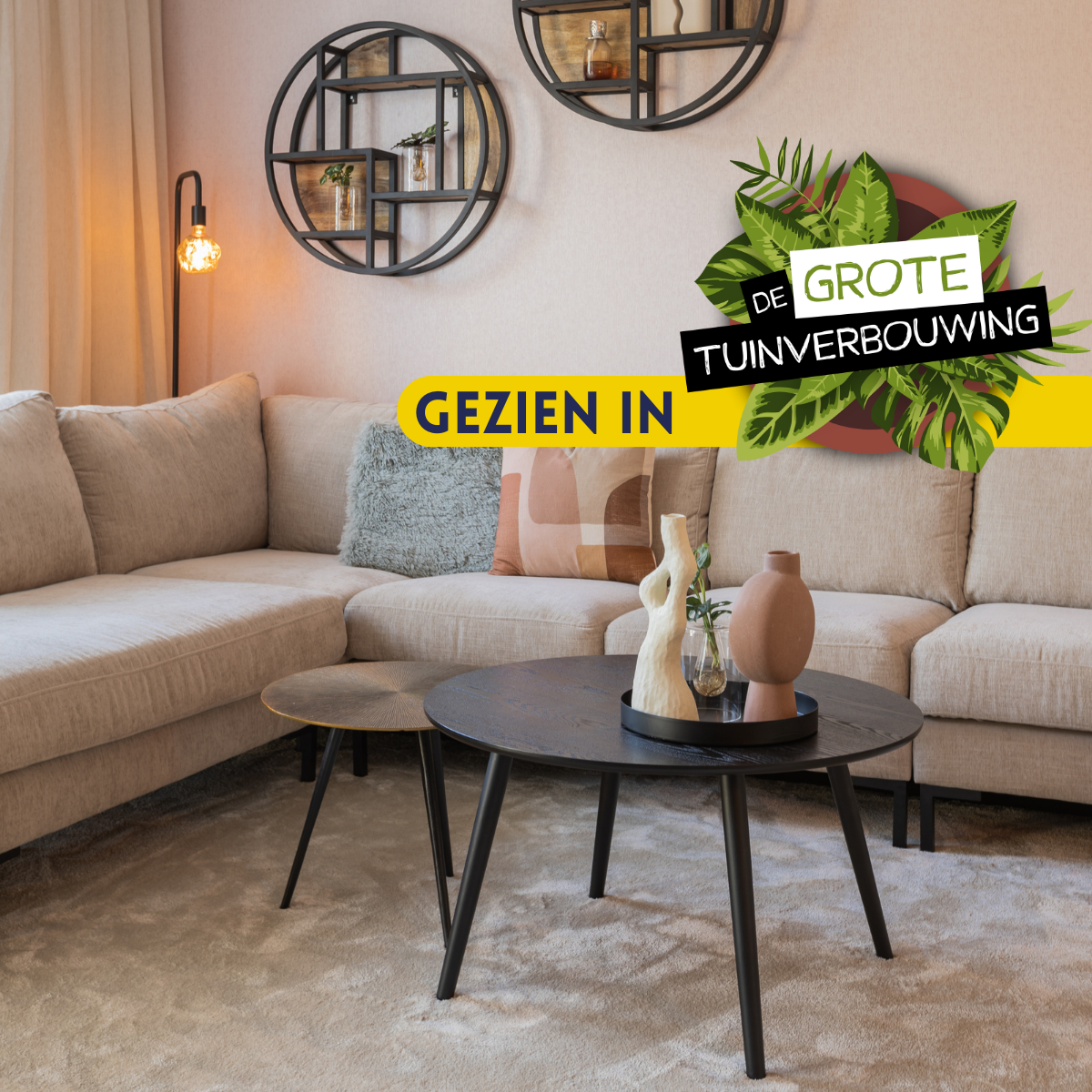 Set van ronde bijzettafels met donker blad en zwarte poten