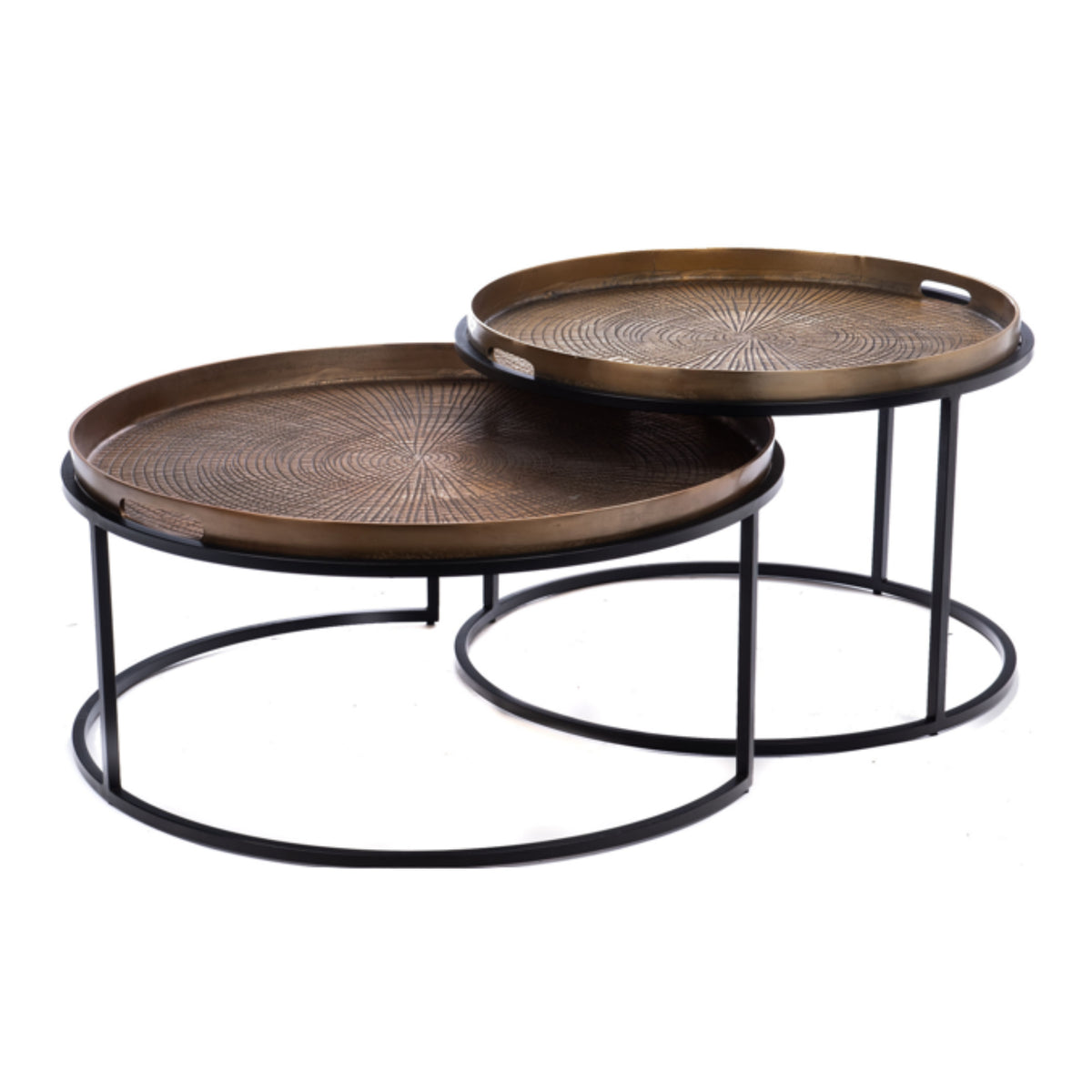Set van 2 ronde salontafels met gegraveerde goudbruine bladen en zwarte metalen onderstellen
