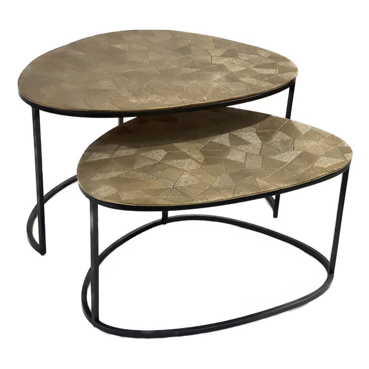 Set van 2 salontafels met ronde bronzen bladen en zwart metalen onderstel