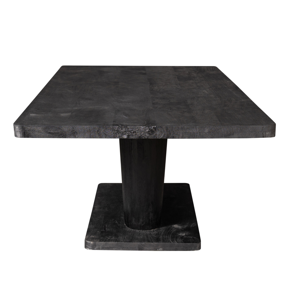 Zwarte eettafel met vlak rechthoekig blad en centrale poot met brede voet