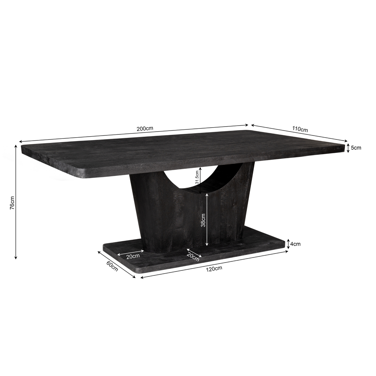 Zwarte eettafel met maatlijnen rondom het blad en het onderstel