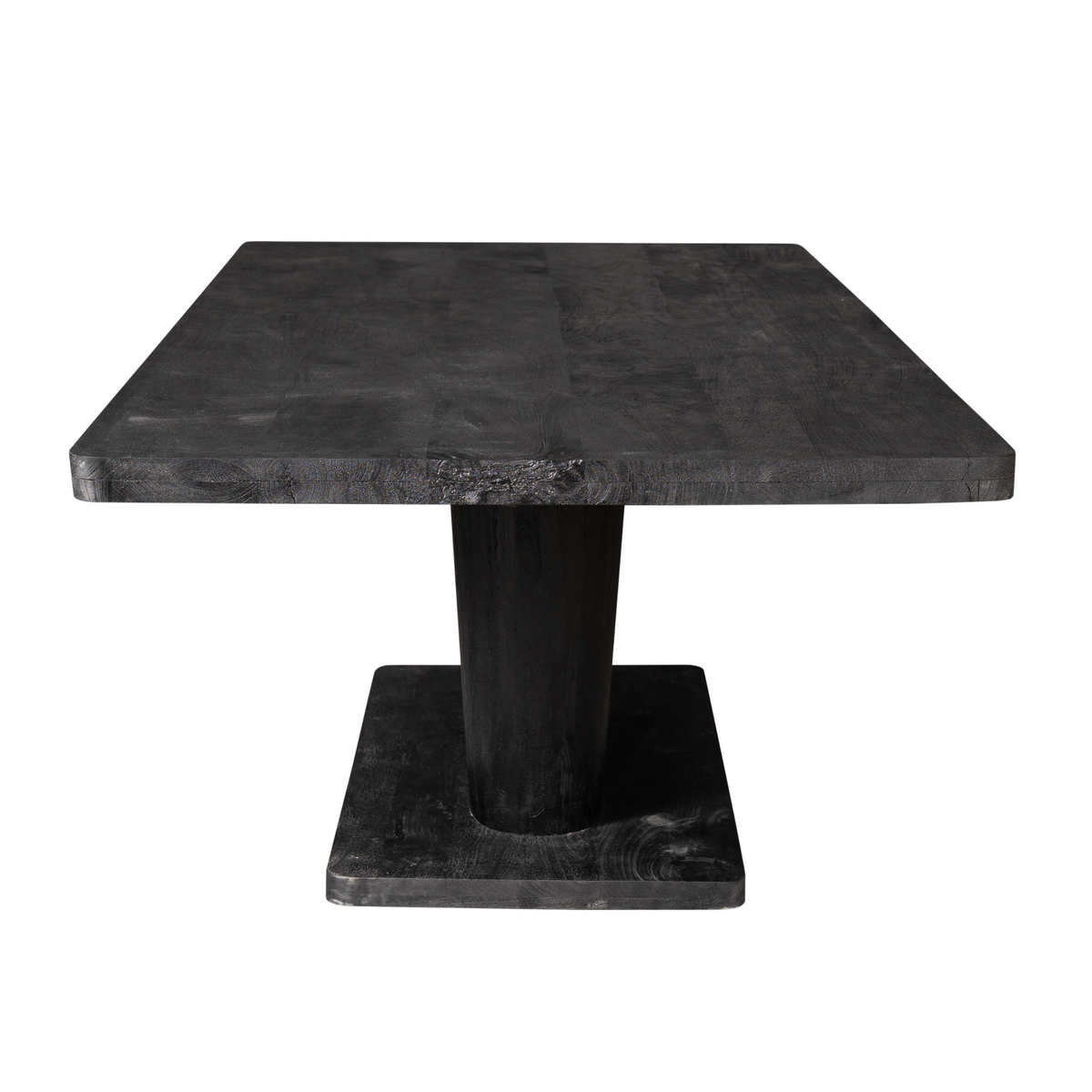 Zwarte eettafel met donkerhouten blad en gevormde centrale voet, rechte randen.