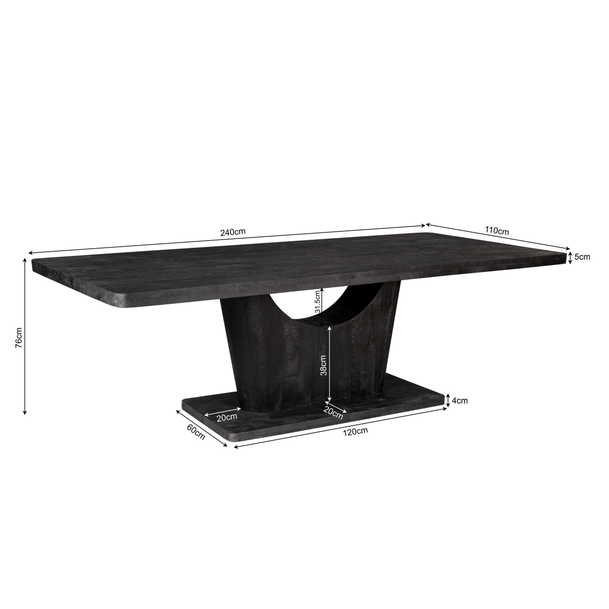 Zwarte eettafel met afmetingen 240×110×75 cm, centrale poot en donker blad.