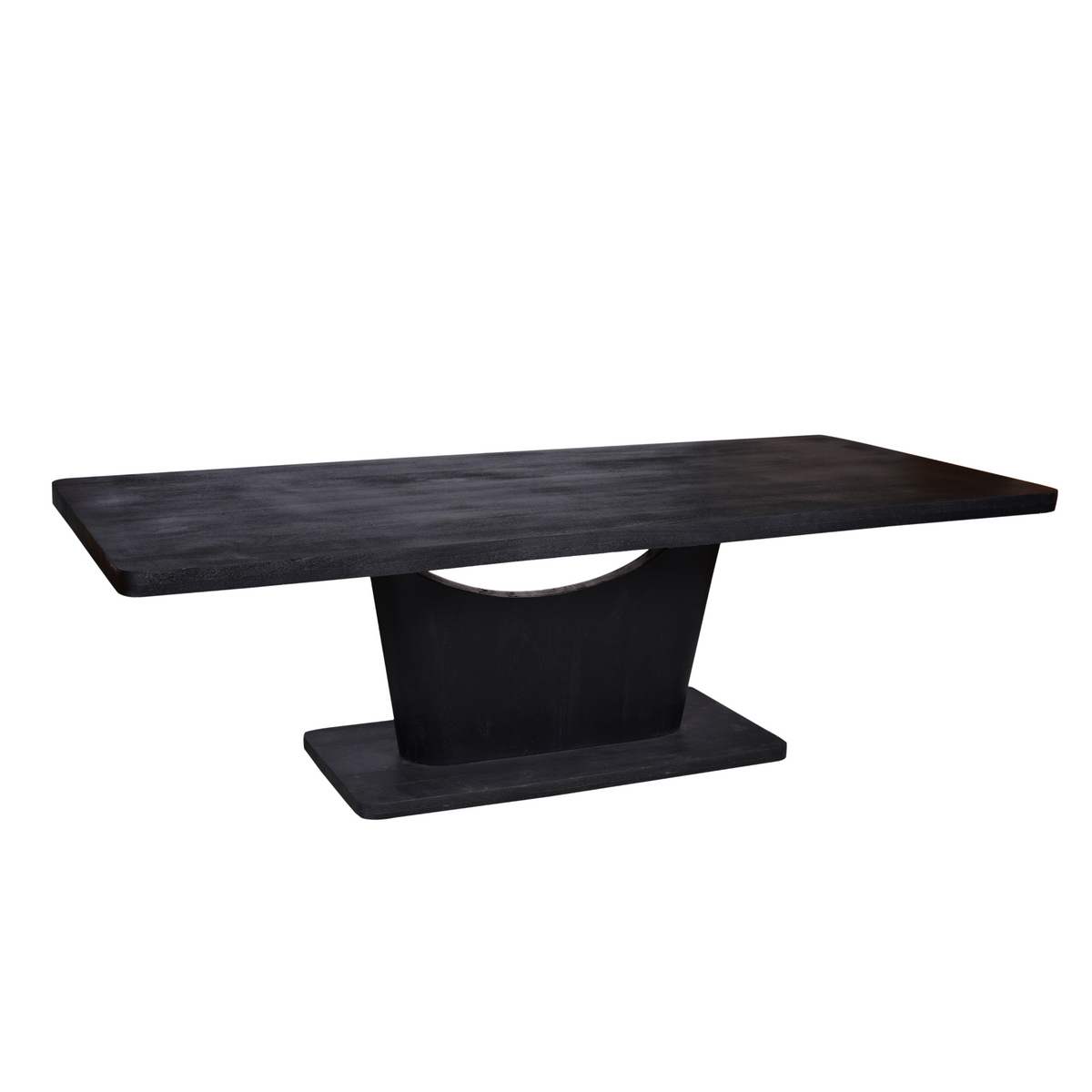 Zwarte eettafel met langwerpig blad en centrale gebogen poot, robuust onderstel.
