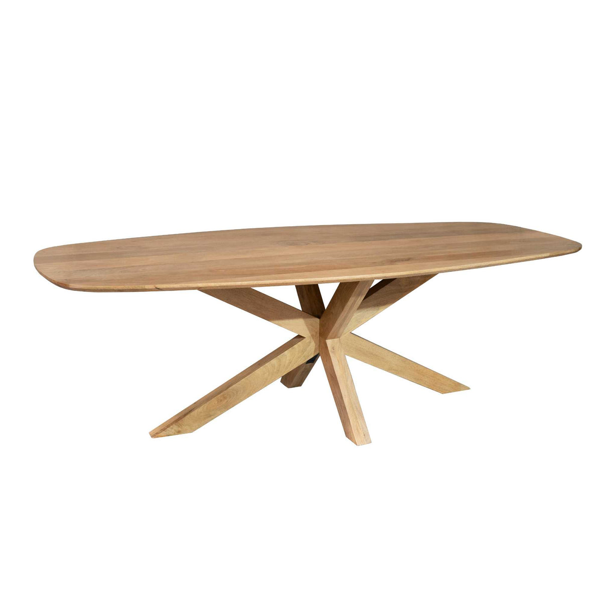 Ovale eettafel in lichtbruin hout, blad op kruisvormige houten poot