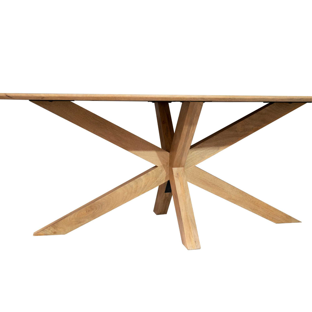 Ovale houten eettafel met centrale pootconstructie en kruisende steunbalken