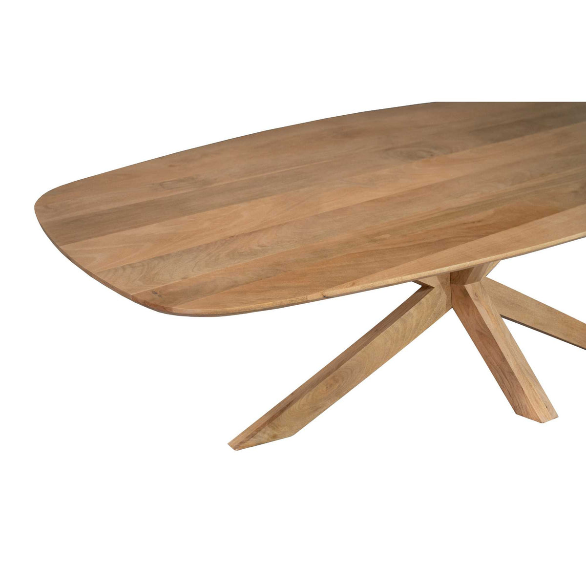 Ovale houten tafelblad in lichtbruin met zichtbare nerf en schuin aflopende rand
