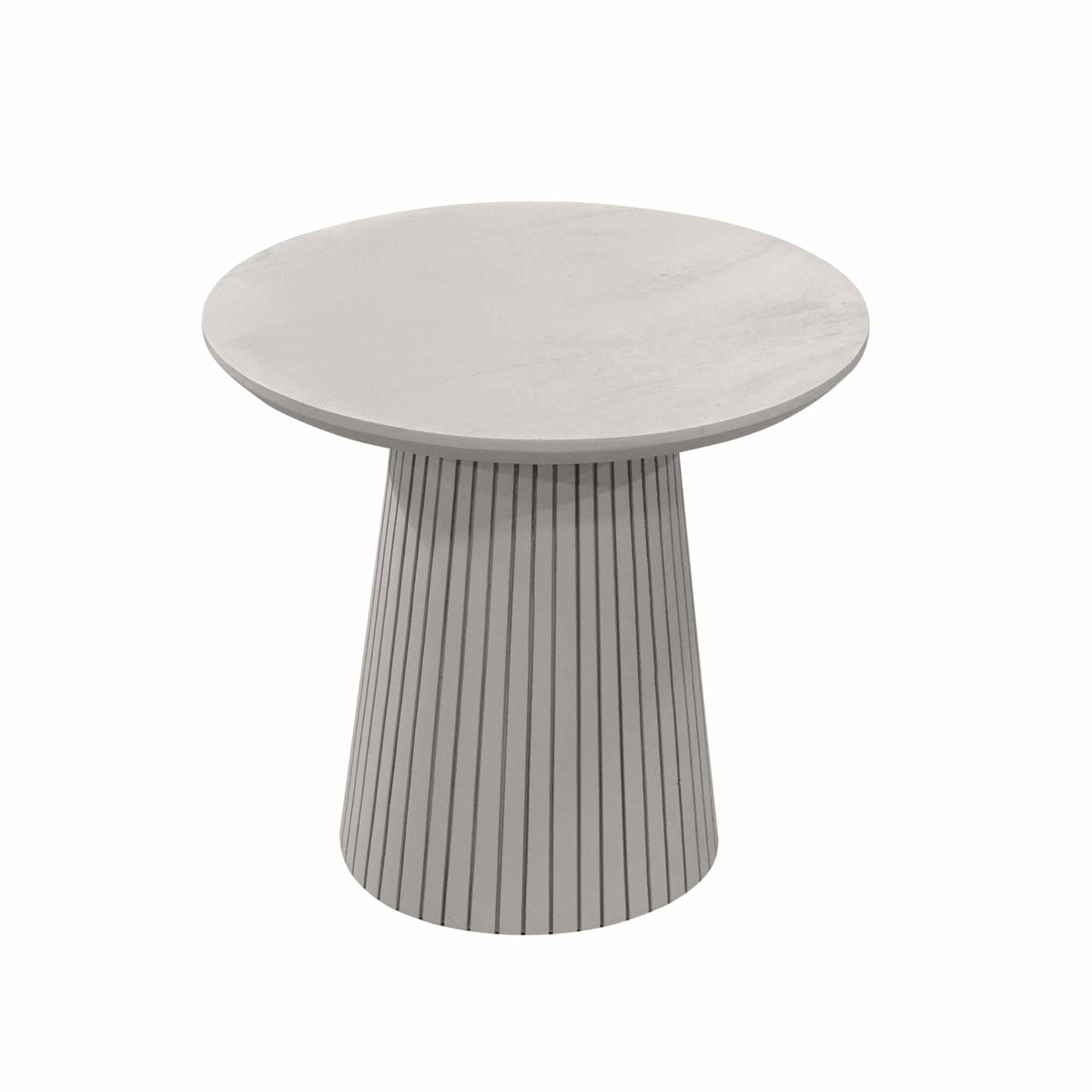Taupekleurige ronde salontafel met grijs blad en geribbelde kolompoot