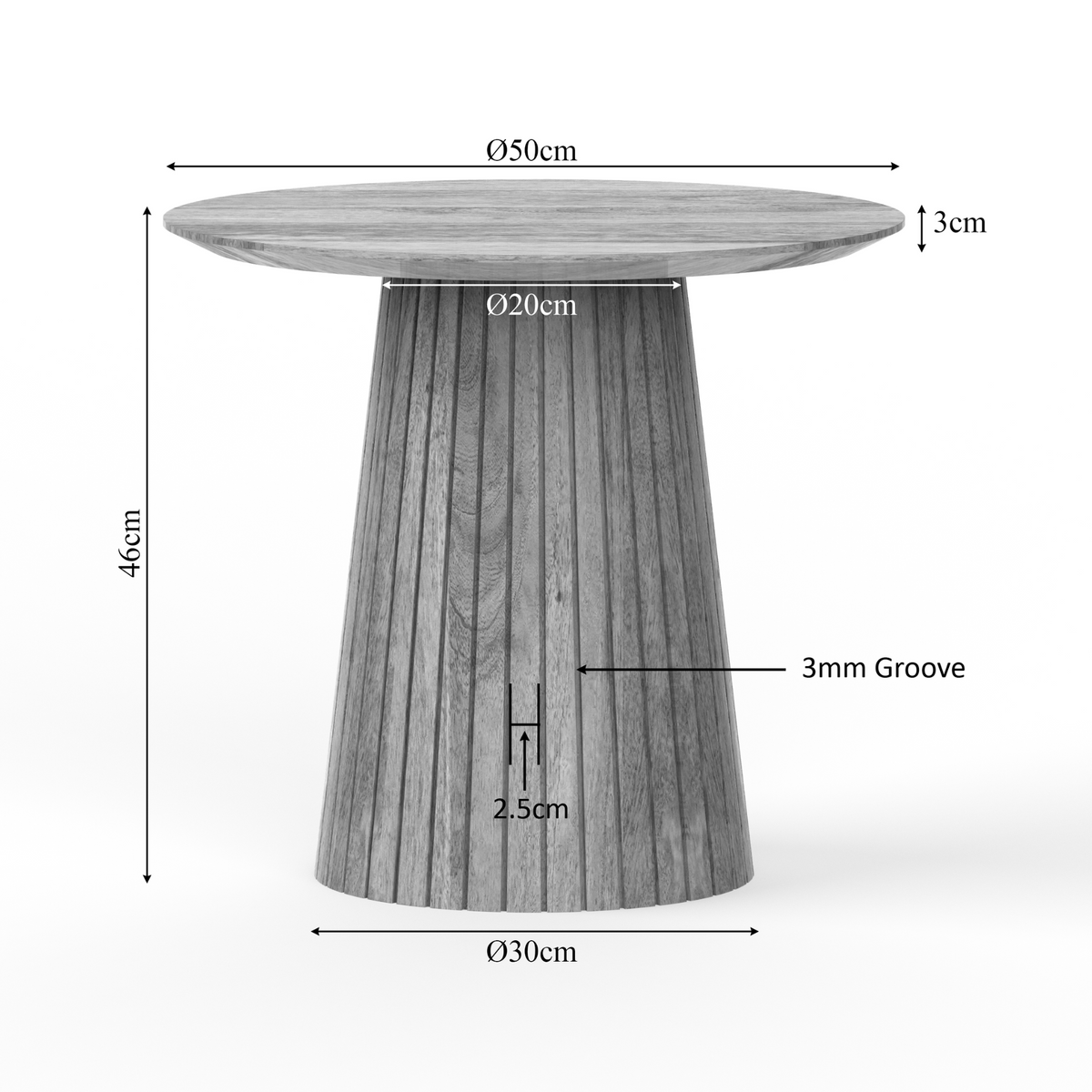 Technische tekening: ronde salontafel Ø50 cm, hoogte 46 cm, groef 3 mm