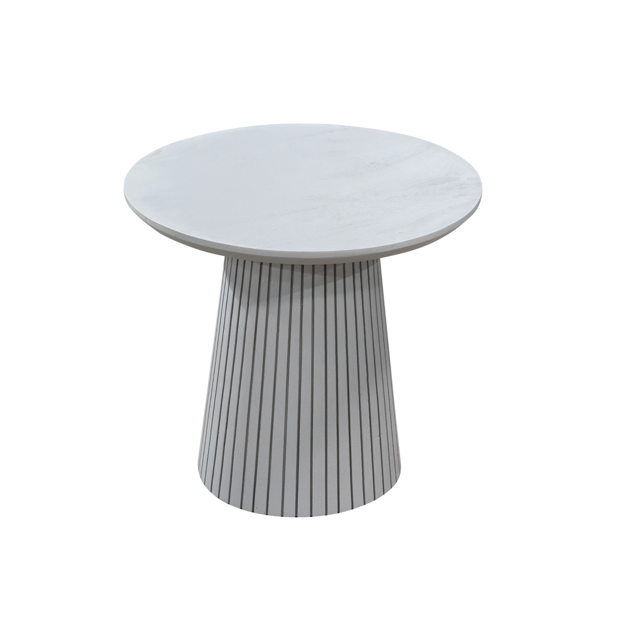 Ronde salontafel met lichtgrijs blad en geribbelde kolompoot
