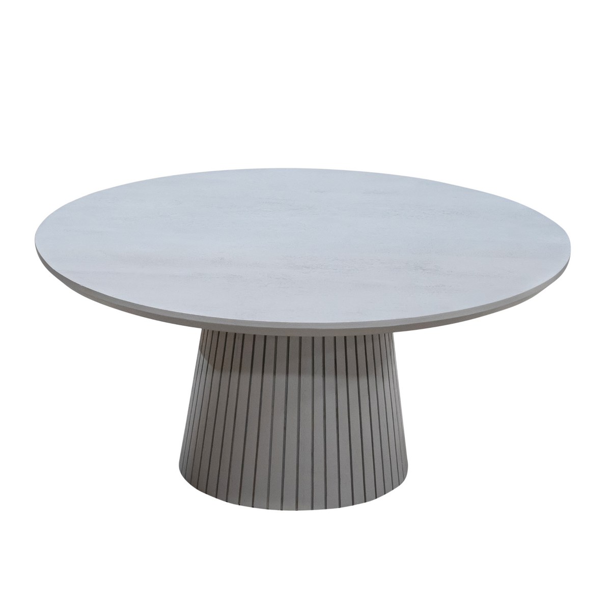 Ronde salontafel met lichttaupe blad en taupe poot met verticale ribben