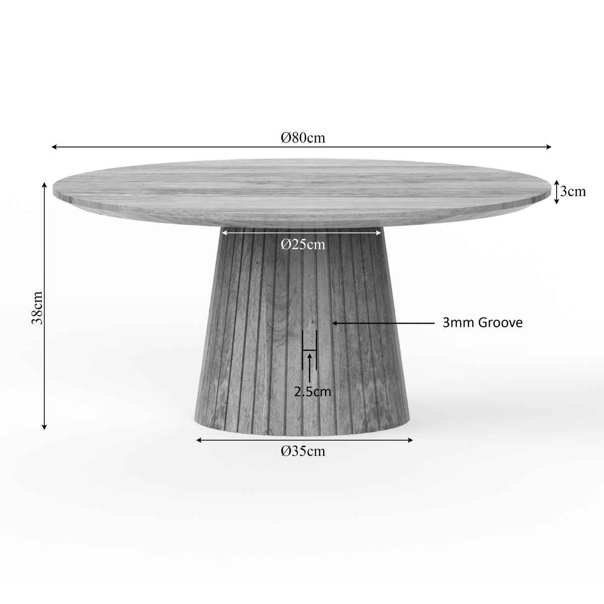 Salontafel met afmetingen: Ø80 cm blad, hoogte 38 cm, voet Ø35 cm