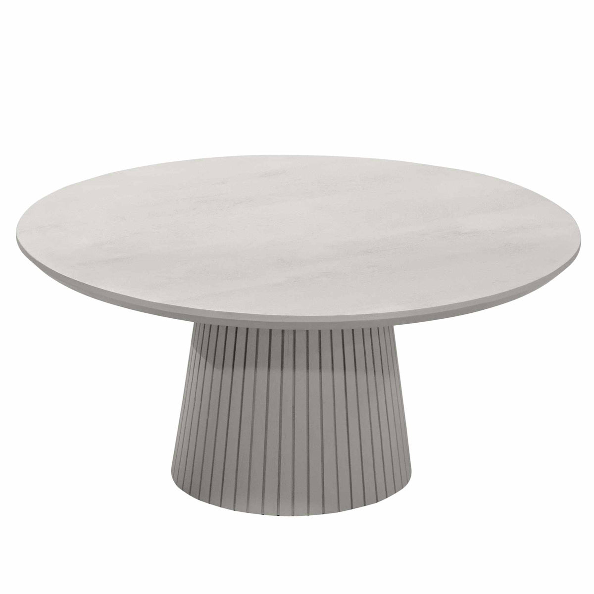 Ronde salontafel Solana taupe met glad rond blad en geribde cilindervoet.