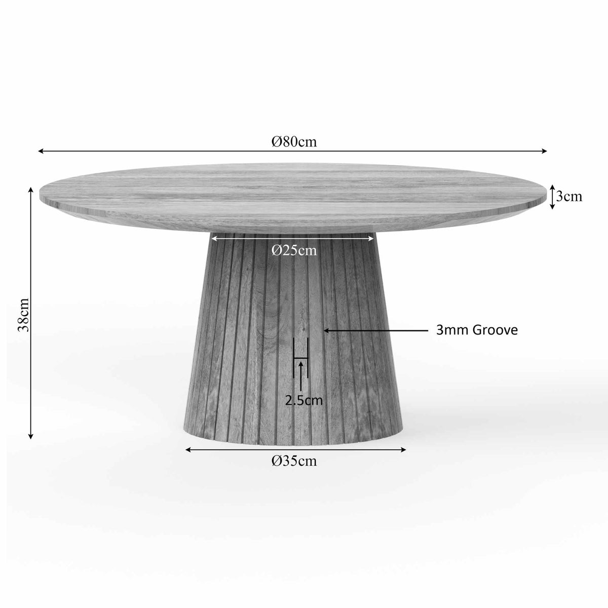 Salontafel Solana rond, maattekening: ø80 cm en hoogte 38 cm.
