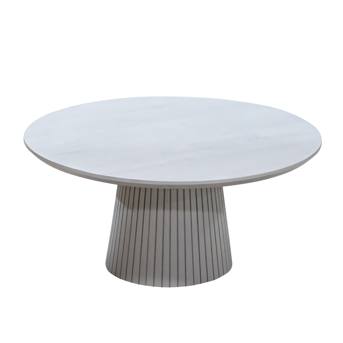 Ronde salontafel Solana in taupe met rond blad en geribde centrale zuil.