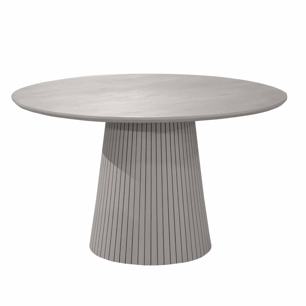Ronde eettafel met taupe blad en taps toelopende, gestreepte voet.