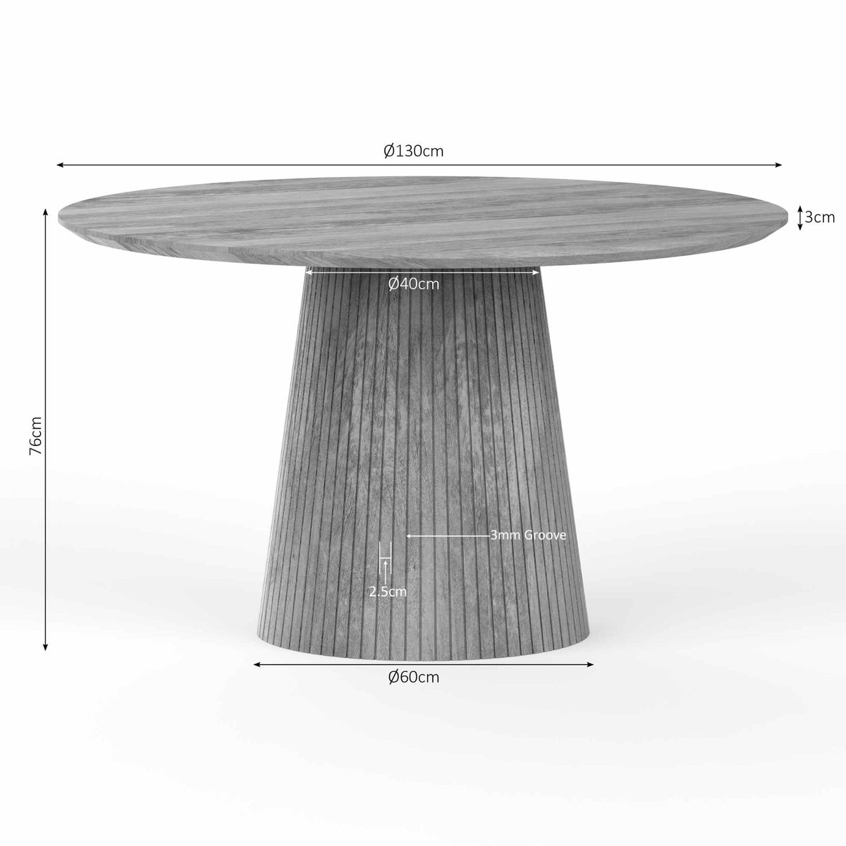 Eettafel met ronde afmetingen, 130 cm breed en 76 cm hoog.