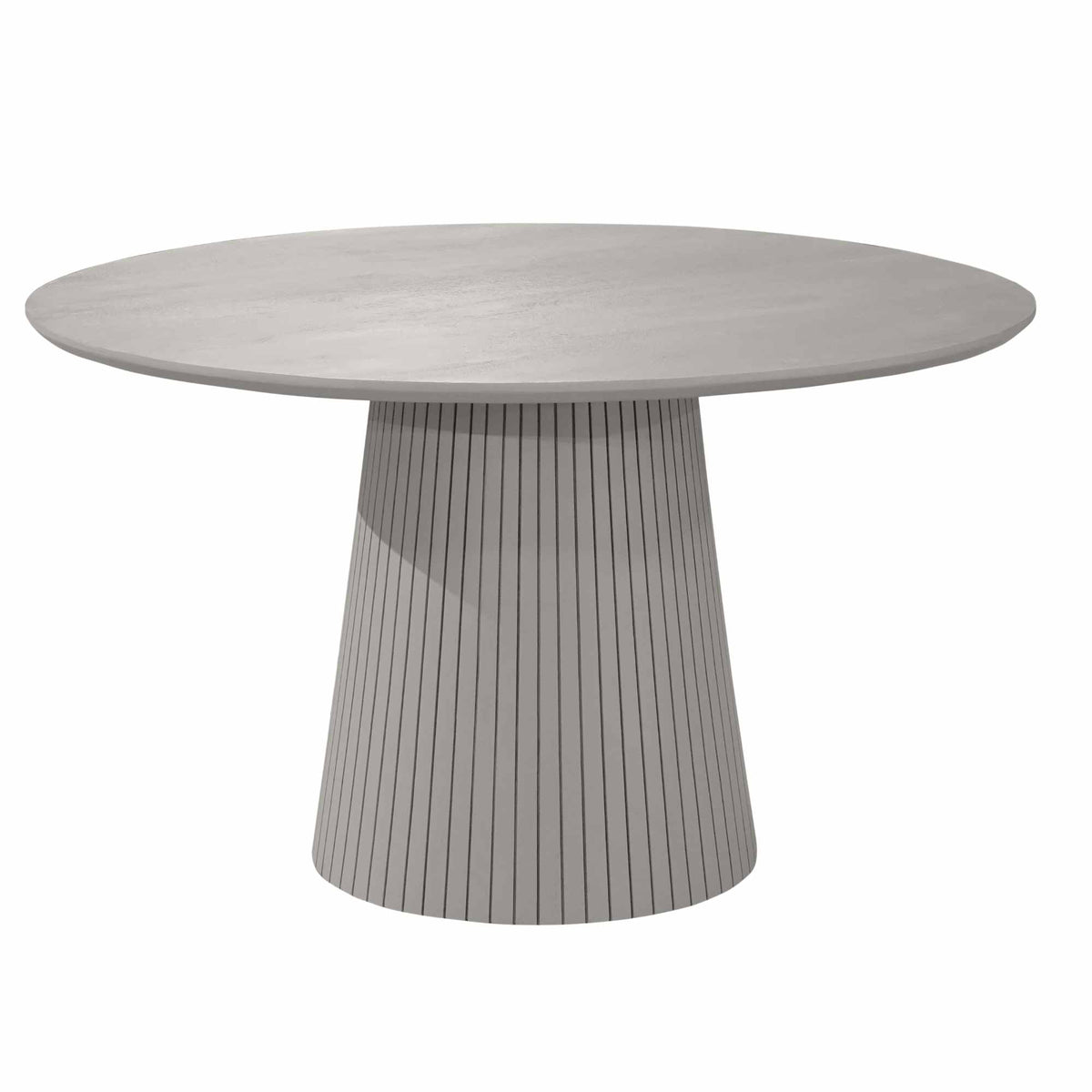 Ronde eettafel in taupe met conische ribbelpoot en effen rond blad