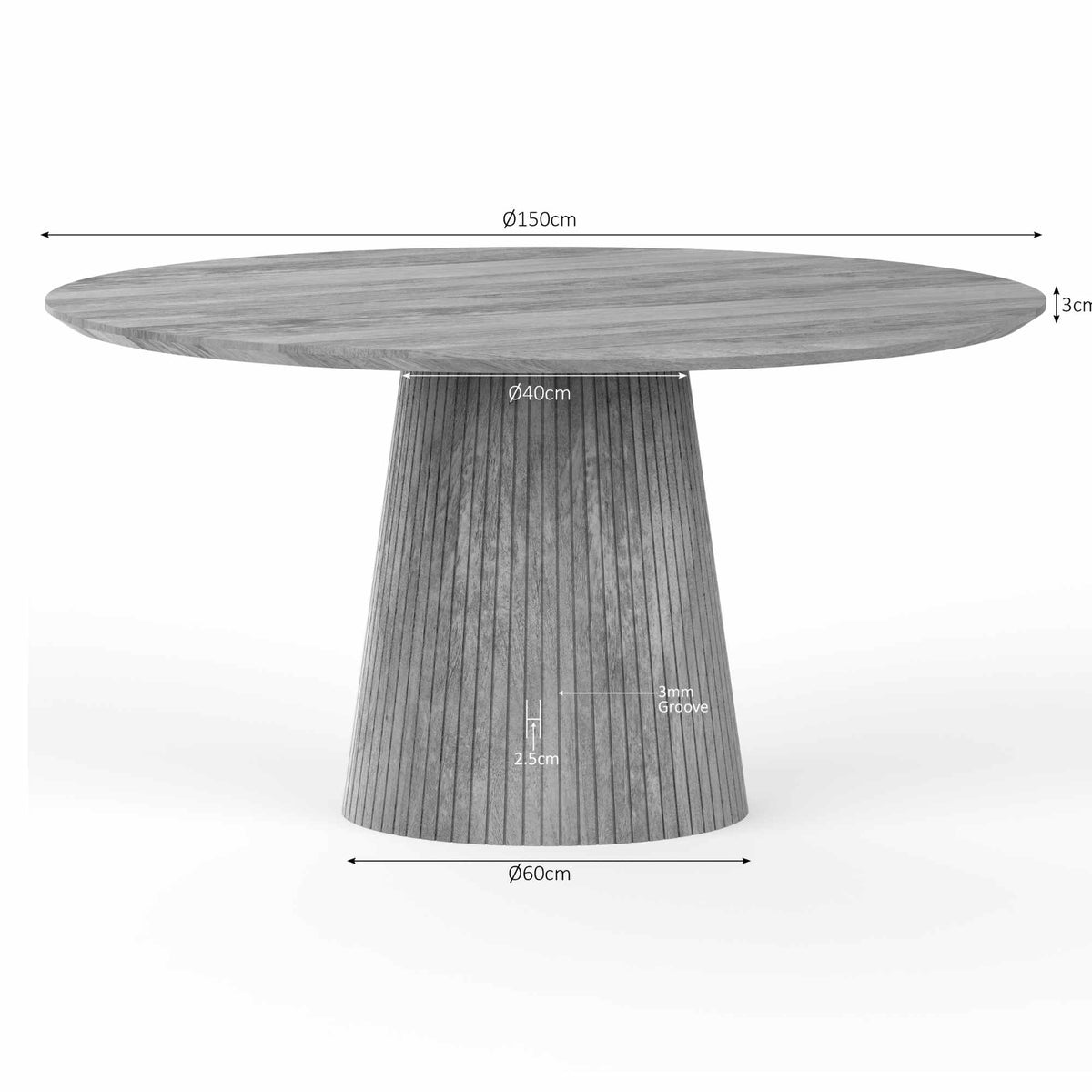 Technische schets: ronde eettafel met Ø150 cm en hoogte 75 cm