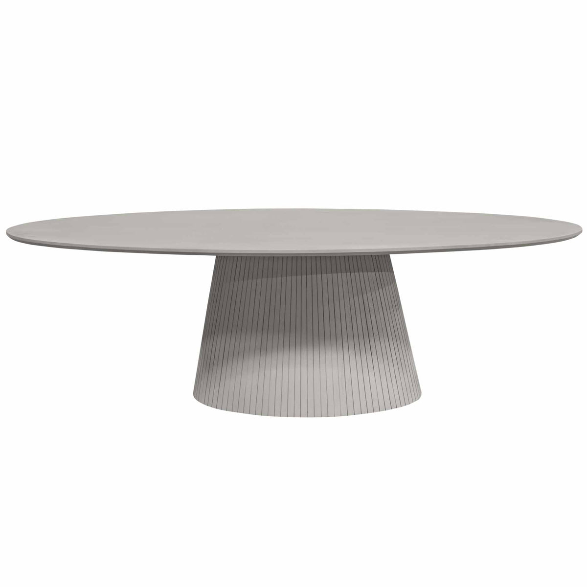 Ovale taupe eettafel met glad blad en centrale conische poot met ribben.