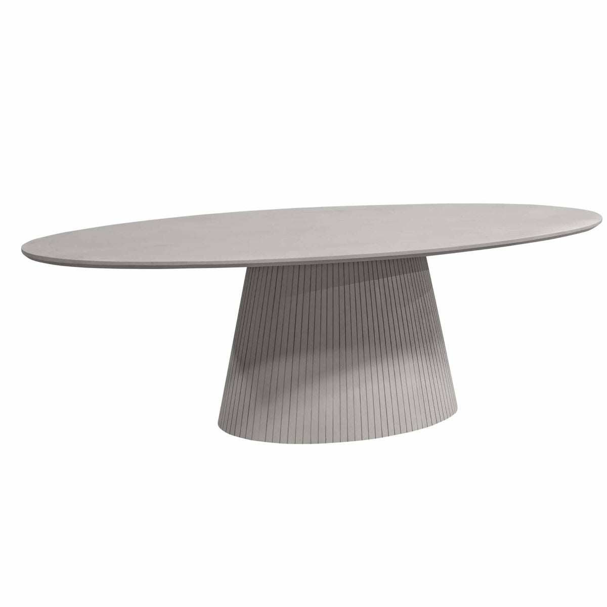 Ovale taupe eettafel met afgerond blad en conische poot met verticale ribben.