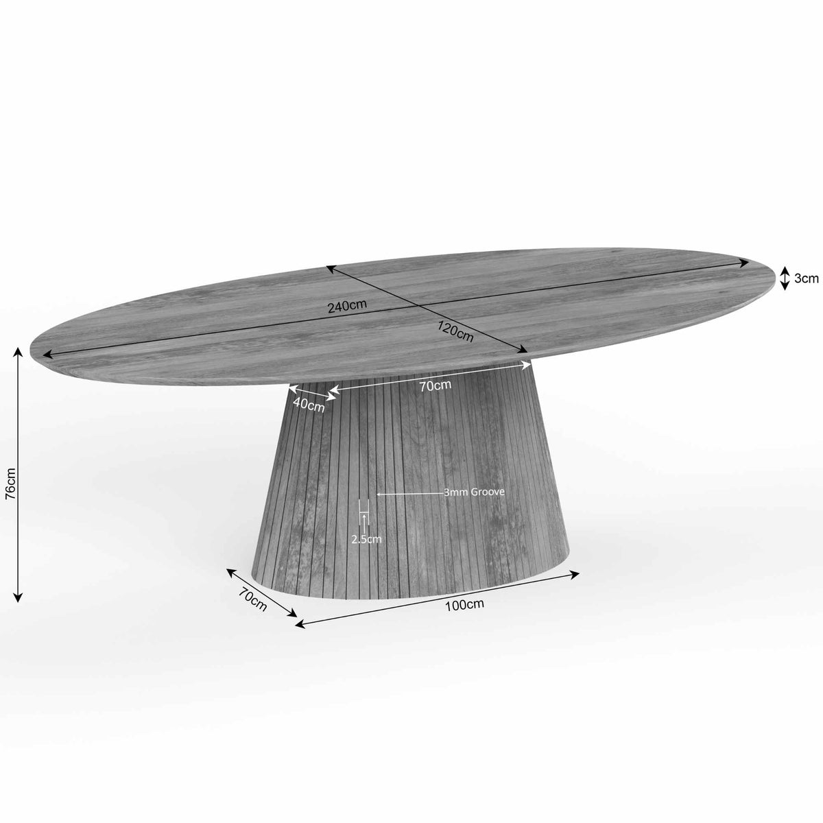 Ovale taupe eettafel met afmetingen 240×120 cm en conische centrale poot.