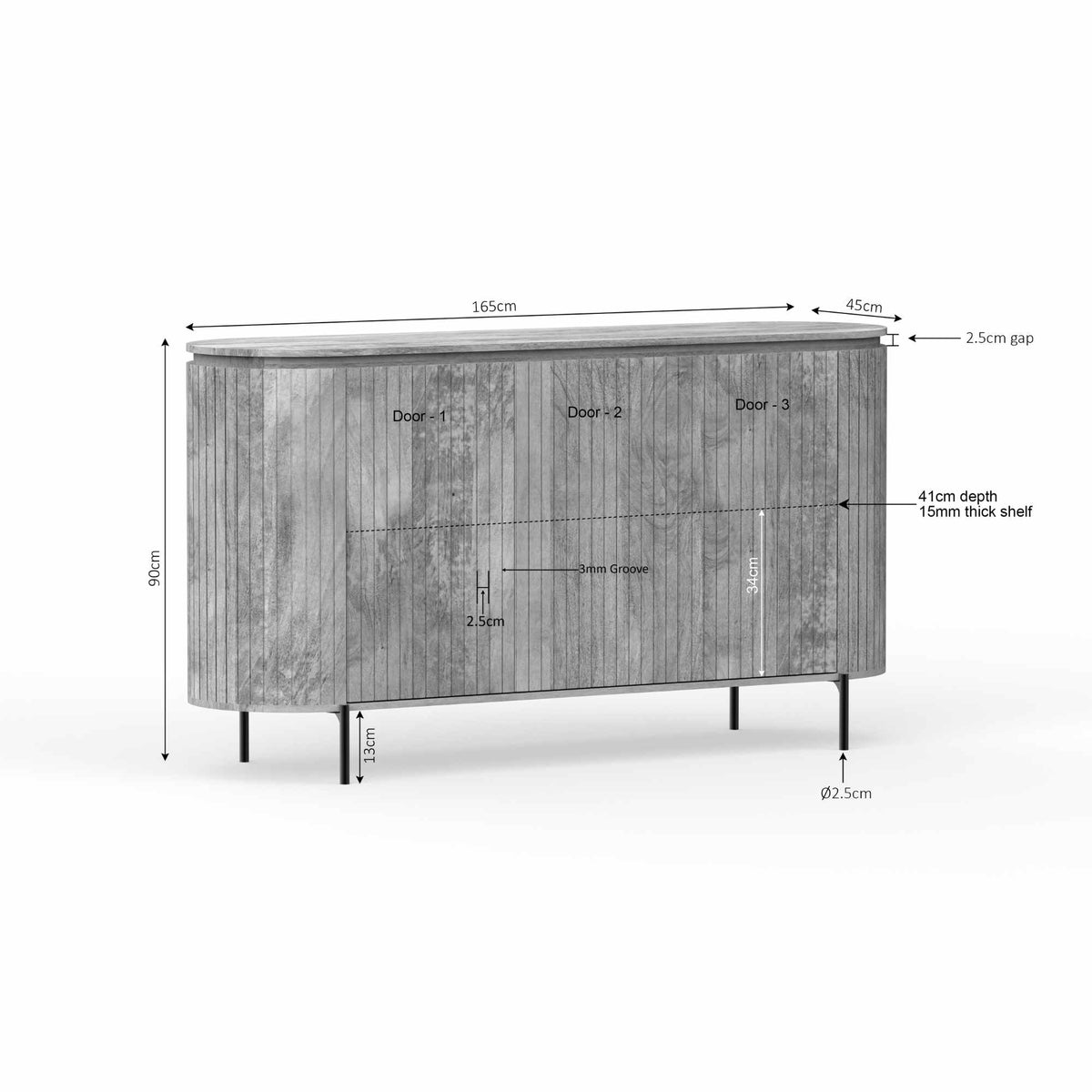 Taupe dressoir met 3 deuren, verticale houtstructuur en taps toelopende poten