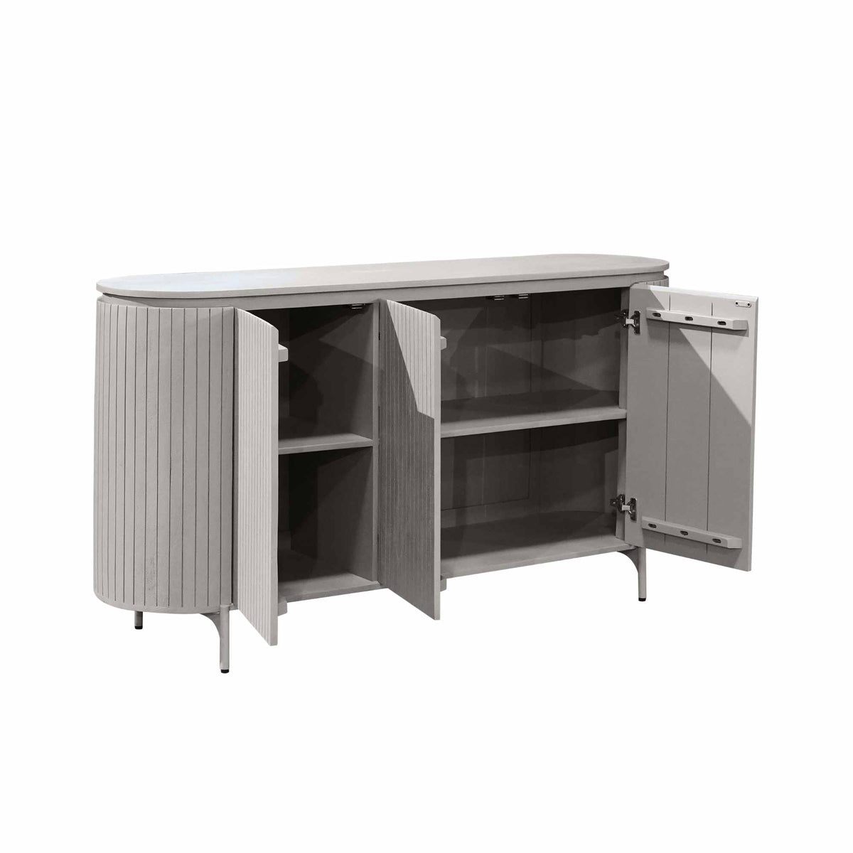 Taupe dressoir opengeklapt met binnenvakken en scharnier aan de deur