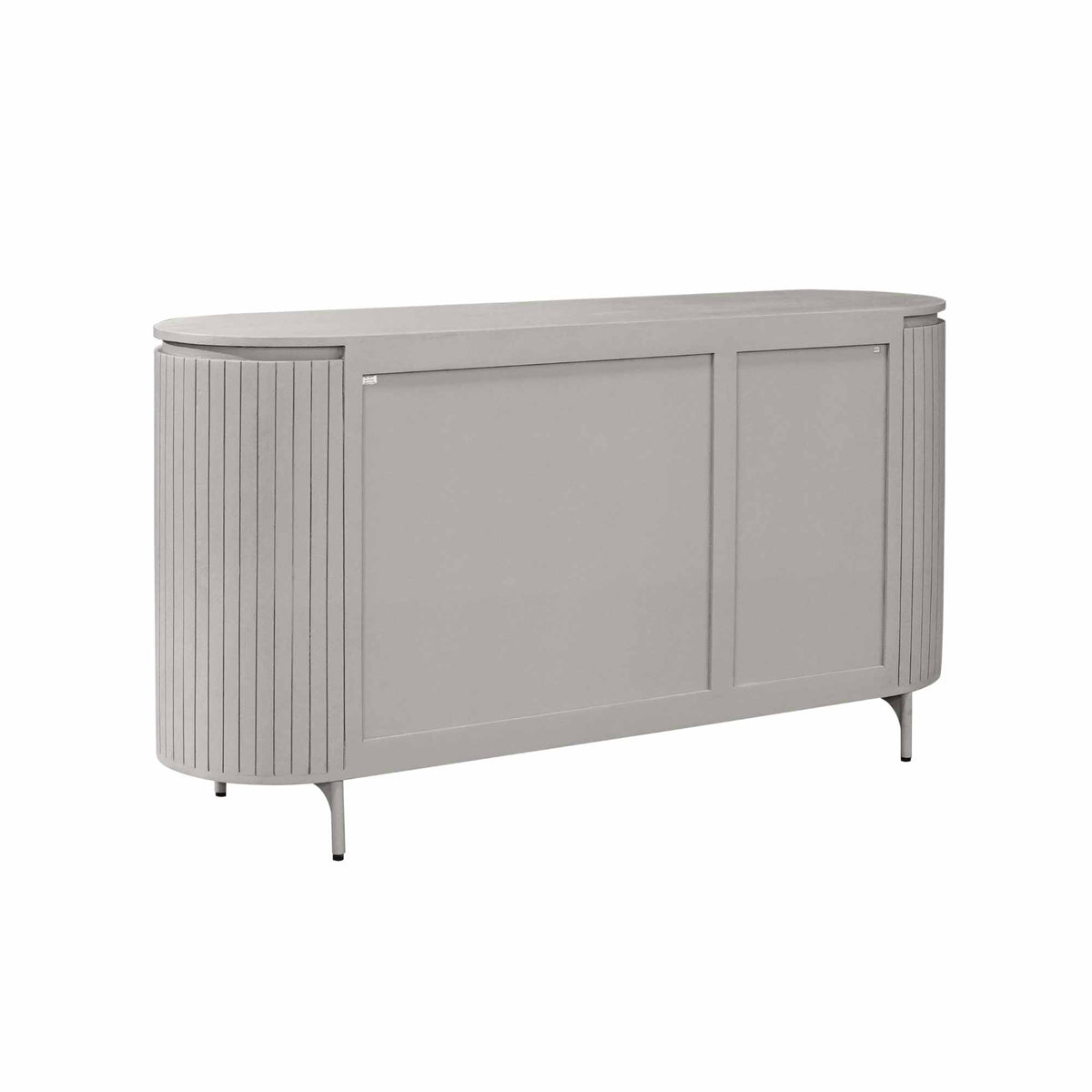 Taupe dressoir met twee frontdeuren, ribbelpanelen en ronde zijkanten