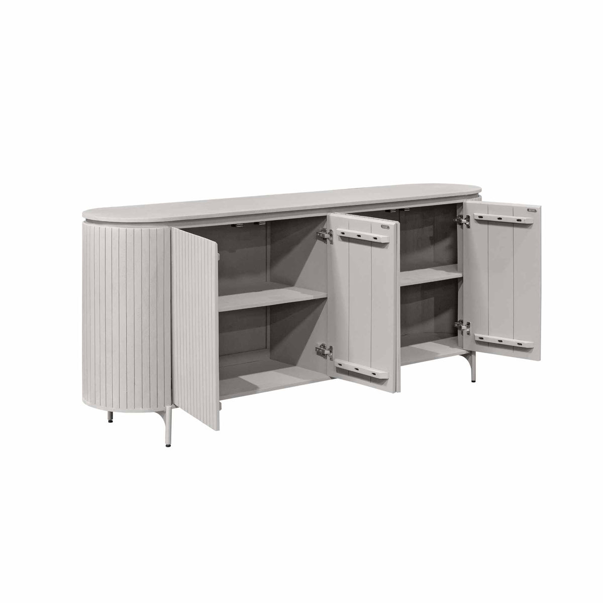 Dressoir open: klapdeuren met schappen binnenin, grijs-taupe front.