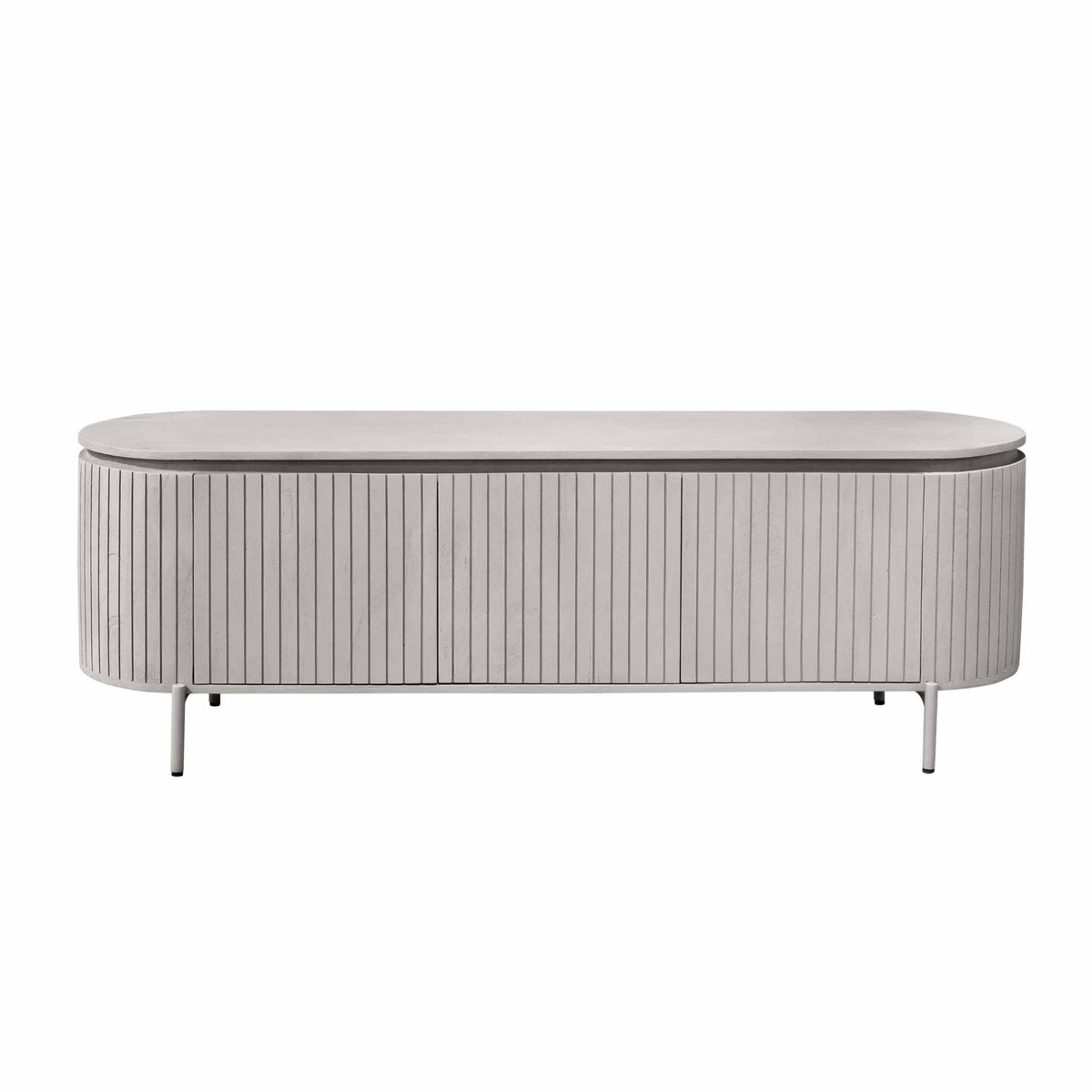 Taupe tv-meubel met rond topblad, geribde panelen en slanke pootjes