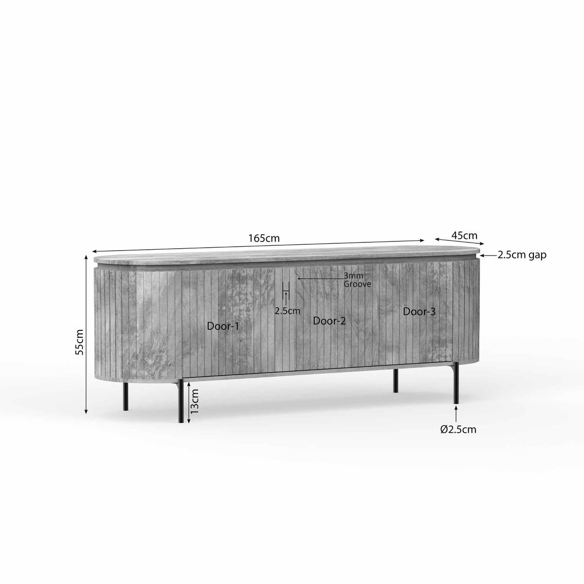 Taupe tv-meubel met maatindicatie: 165 cm breed en drie deuren op front
