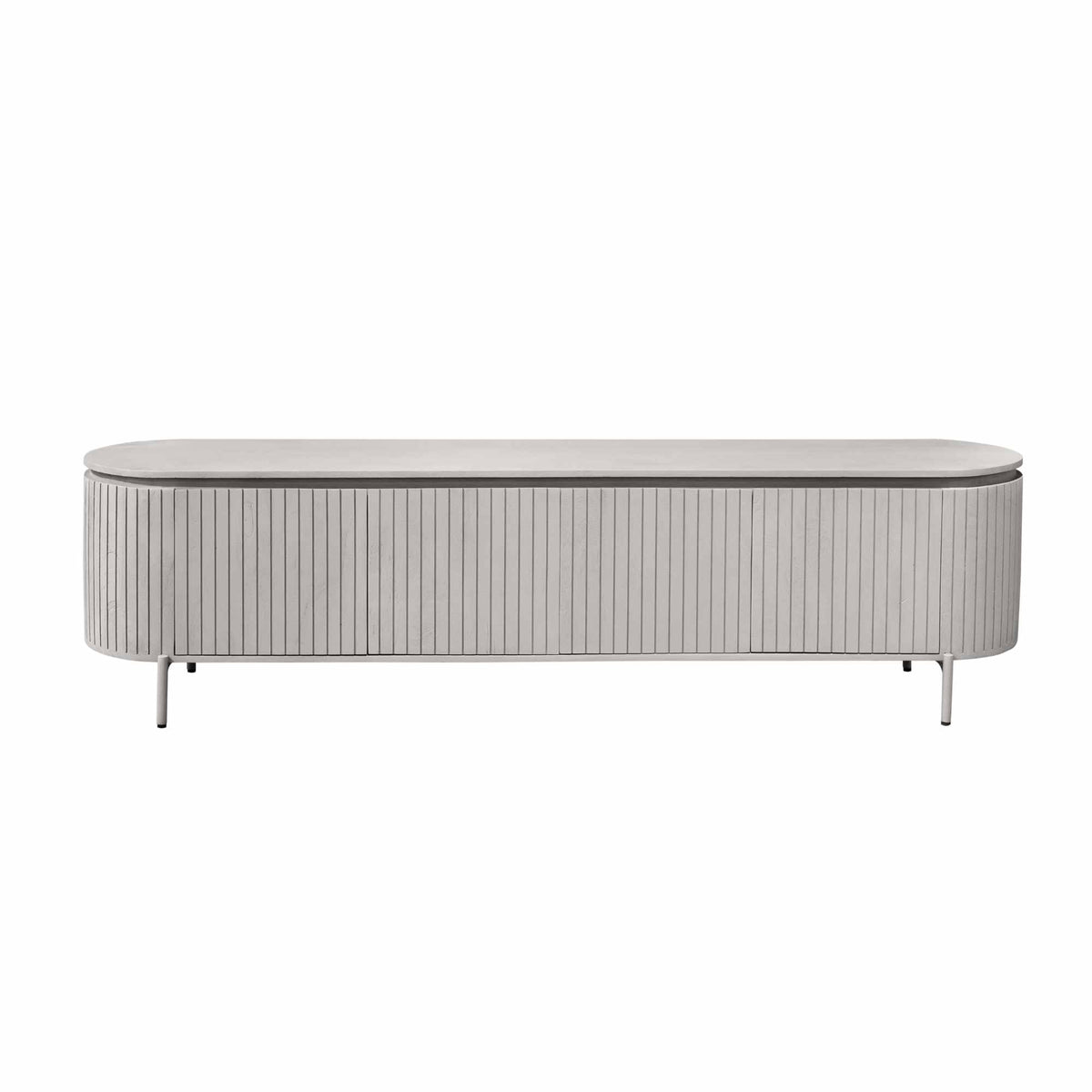 Tv-meubel met ovale bovenkant, geribde frontstroken en metalen pootjes, taupe/grijs.